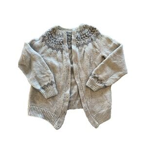 Vintage Hand Knit Cardigan Sweater Womens Gray Fair Isle Nordic Crewneck Retro